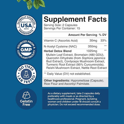 Lung Detox Mullein Leaf Capsules - Purifying Mullein Lung Cleanse Complex with NAC Quercetin & Cordyceps Extracts - Mullein Leaf Herb Respiratory Supplement for Sinus Immunity & Breathing Support 30ct