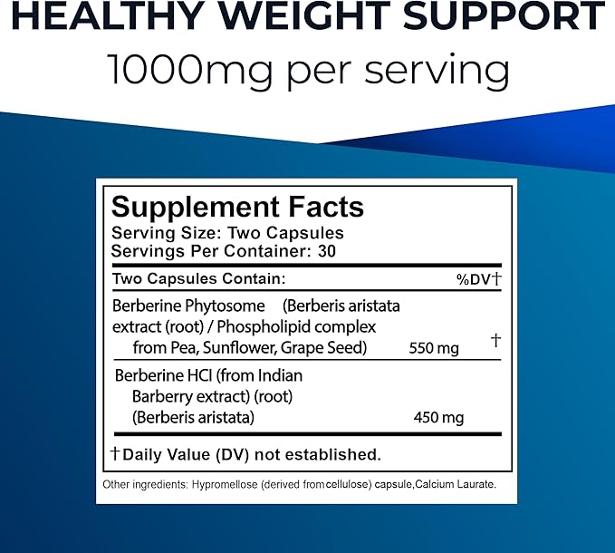 Ultimate Berberine Phytosome for Healthy Weight Management - Dual Action Formula with Berberine HCL - Carbohydrate Metabolism, GI, Immunity & Cholesterol Support - 1000mg Maximum Strength Supplement