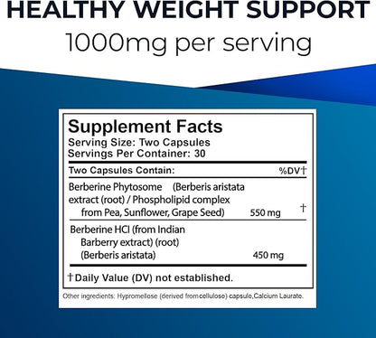 Ultimate Berberine Phytosome for Healthy Weight Management - Dual Action Formula with Berberine HCL - Carbohydrate Metabolism, GI, Immunity & Cholesterol Support - 1000mg Maximum Strength Supplement