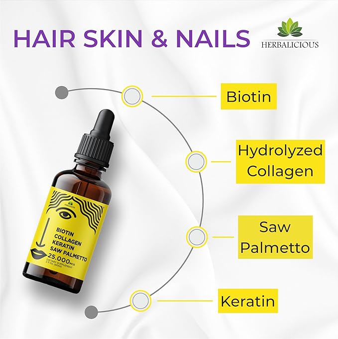 Liquid Collagen Supplements for Women - Comprehensive Formula Hair Skin Nails Supplement with 10000mcg Collagen 5000 mcg Biotin 5000 mcg Keratin 5000 mcg Saw Palmetto, Made in USA, 2fl oz