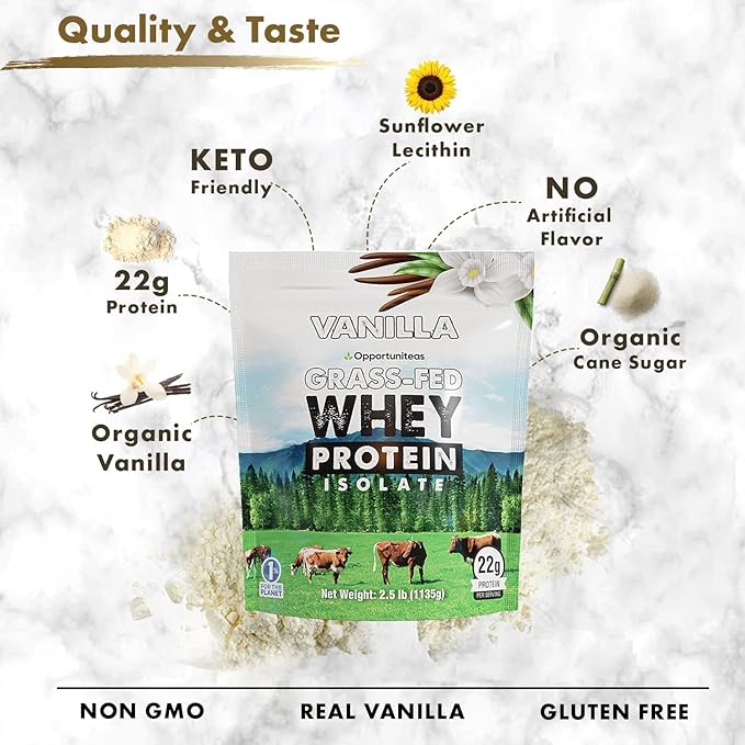 Opportuniteas Grass Fed Vanilla Choco Whey Protein Isolate Powder - 20g Protein Powder Without Artificial Sweeteners, Hormone-Free Cows, Non GMO - 5lb