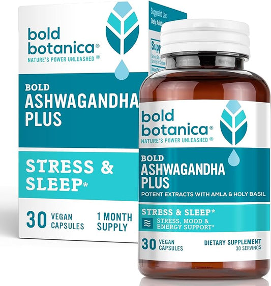 Ashwagandha Plus – Stress, Mood, Memory & Energy Support – Potent Extracts of Root and Leaf with Amla & Holy Basil – Triple Adaptogenic Formula – One Capsule Daily – 30 Vegan Caps