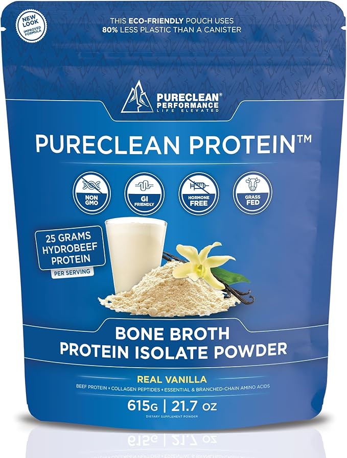 PureClean Protein 25G Organic Grass Fed Beef Bone Broth Protein from Swedish Cattle - Paleo & Keto-Friendly, Gluten-Free, Sugar-Free, Dairy-Free - Enhanced with Collagen Peptides - (615 Grams) Vanilla