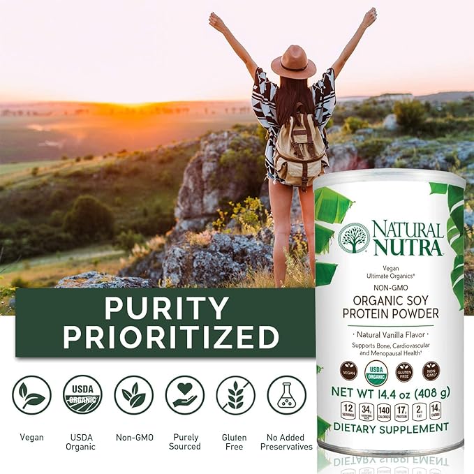 Natural Nutra Organic Vegan Plant Based Soy Protein Source Powder, Supports Bone and Improves Cardiovascular Health, Gluten Free, Non GMO, Sugar-Free 14.4 OZ.