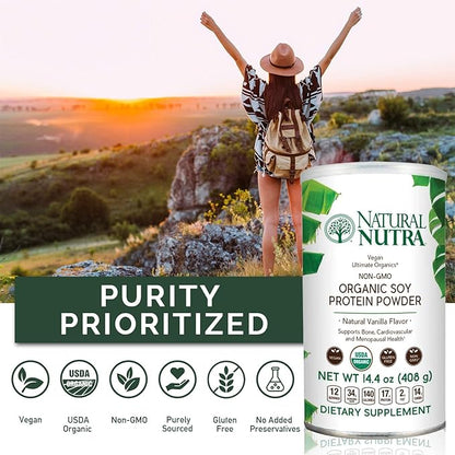 Natural Nutra Organic Vegan Plant Based Soy Protein Source Powder, Supports Bone and Improves Cardiovascular Health, Gluten Free, Non GMO, Sugar-Free 14.4 OZ.