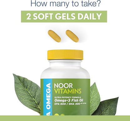 Noor Vitamins Halal Fish Oil, Halal Vitamins, Fish Oil Halal, Ultra Omega 3 Wild Peruvian Fish Oil (800 mg EPA & 400 mg DHA) Heart, Brain & Joint Support, Non-GMO & Gluten Free (120 Count)
