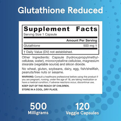 Jarrow Formulas Glutathione Reduced 500 mg- 120 Veggie Capsules- Intracellular Antioxidant- Quality Glutathione Supplements- Supports Recycling of Vitamins C & E- Non-GMO- Gluten Free- Vegan, 12 Packs