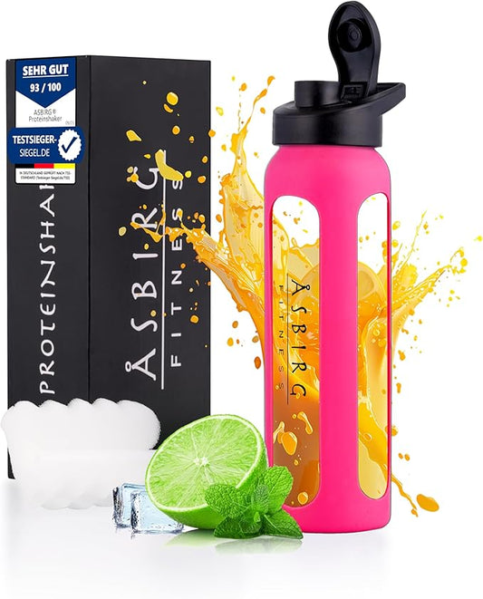 Fitness | Glass Protein Shaker | Protein Shaker | Drinking Bottle | with Spiral Ball | Pink