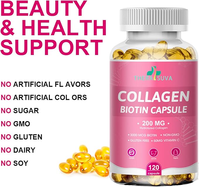 Multi Collagen Complex 200MG + Biotin 3000MCG + Vitamin C 50MG Per Serving! Promotes Healthy Hair, Beautiful Skin, and Nail Support! 120 Capsules, 60 Day Supply