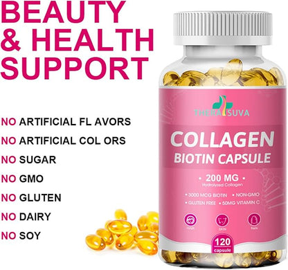 Multi Collagen Complex 200MG + Biotin 3000MCG + Vitamin C 50MG Per Serving! Promotes Healthy Hair, Beautiful Skin, and Nail Support! 120 Capsules, 60 Day Supply