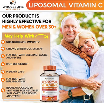 Liposomal Vitamin C Capsules (200 Pills 1500mg Buffered) High Absorption VIT C, Immune System & Collagen Booster, High Dose Fat Soluble Immunity Support Ascorbic Acid Supplement, Natural Vegan