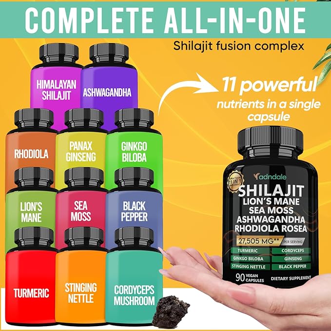 Shilajit for Men 11-in-1 Pure Himalayan Organic Shilajit Capsules with Sea Moss Ashwagandha Rhodiola Rosea Panax Ginseng Turmeric Lion’s Mane Ginkgo. Shilajit Capsules for Women.