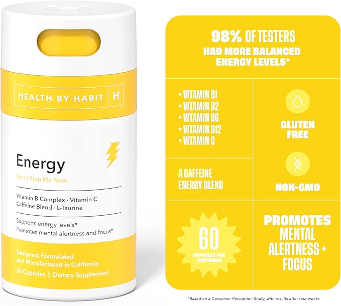 Health by Habit Energy Supplement 2 Pack (120 Capsules) - Natual Caffeine Blend, Vitamins B & C, Supports Energy Levels, Promotes Mental Alertness and Focus, Vegan, Non-GMO, Sugar Free (2 Pack)