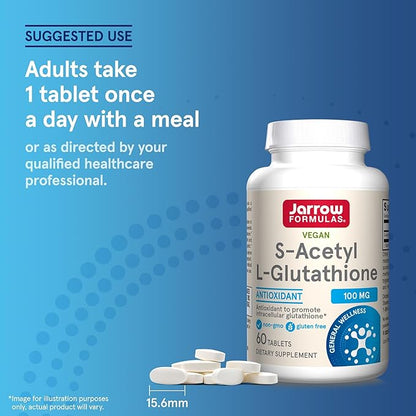 Jarrow Formulas S-Acetyl L-Glutathione Tablets - 100 mg - 60 Count - Dietary Supplement - Stable Form of L-Glutathione - for Antioxidant Support and Detoxification - Non-GMO - Gluten Free