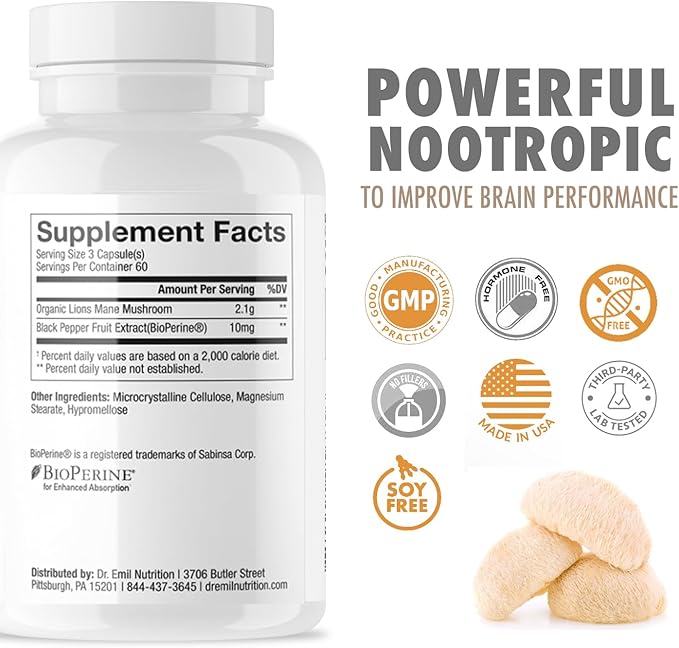 Organic Lions Mane Mushroom Supplement for Mental Clarity, Focus & Immune Support - Organic Brain Boosting Nootropic Lions Mane Mushroom Capsules with 100% Organic Lions Mane Extract, 60 Servings
