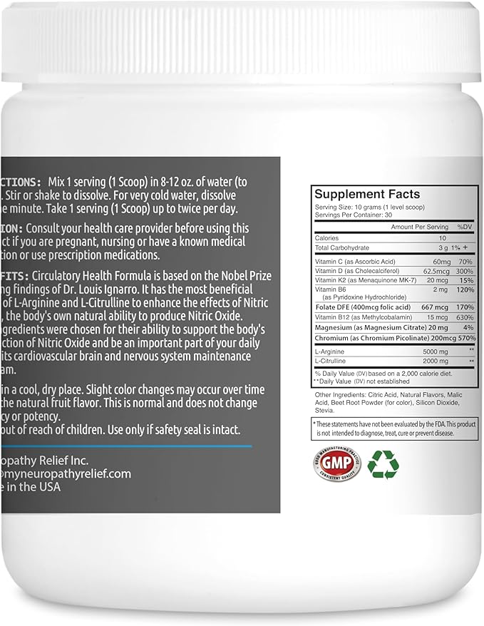 Neuropathy Relief™ - Circulatory Health Formula - Nitric Oxide Booster - Tropical Flavor (1 Jar), 30 Servings