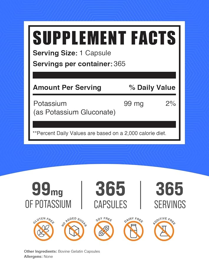 BulkSupplements.com Potassium Gluconate Capsules - Potassium Gluconate Supplement, Potassium Gluconate 99mg, Potassium Supplement - Gluten Free, 1 Capsule per Serving, 365 Capsules (Pack of 1)