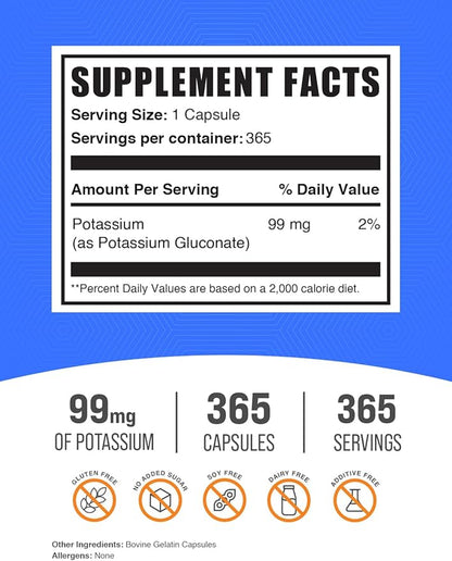 BulkSupplements.com Potassium Gluconate Capsules - Potassium Gluconate Supplement, Potassium Gluconate 99mg, Potassium Supplement - Gluten Free, 1 Capsule per Serving, 365 Capsules (Pack of 1)