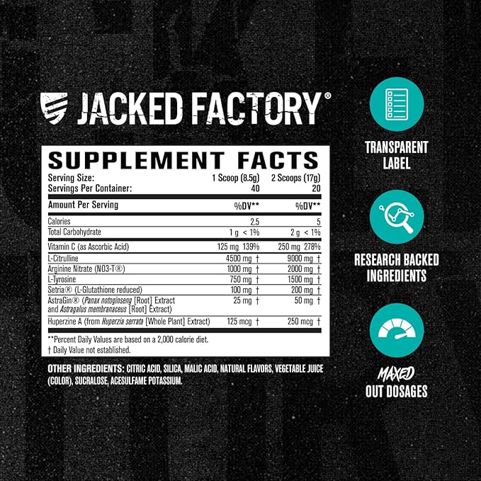 Jacked Factory Pumpsurge Max Stim Free Pre Workout - High-Performance Caffeine Free Pre Workout with L-Citrulline, N03-T Arginine Nitrate & Glutathione - 40 Servings, Cherry Limeade