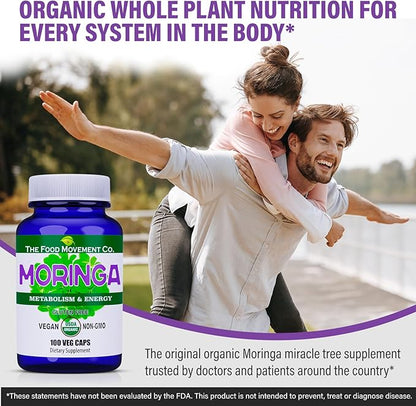 Moringa - Certified Organic Superfood, Whole Body Wellness, Natural Energy Support, Supports Healthy Metabolism - 100 Vegan Capsules