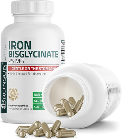 Bronson Iron Bisglycinate 25 mg Gentle on The Stomach, Supports Energy & Healthy Red Blood Cell Production - Non-Constipating Formula - Non GMO, 180 Vegetarian Capsules