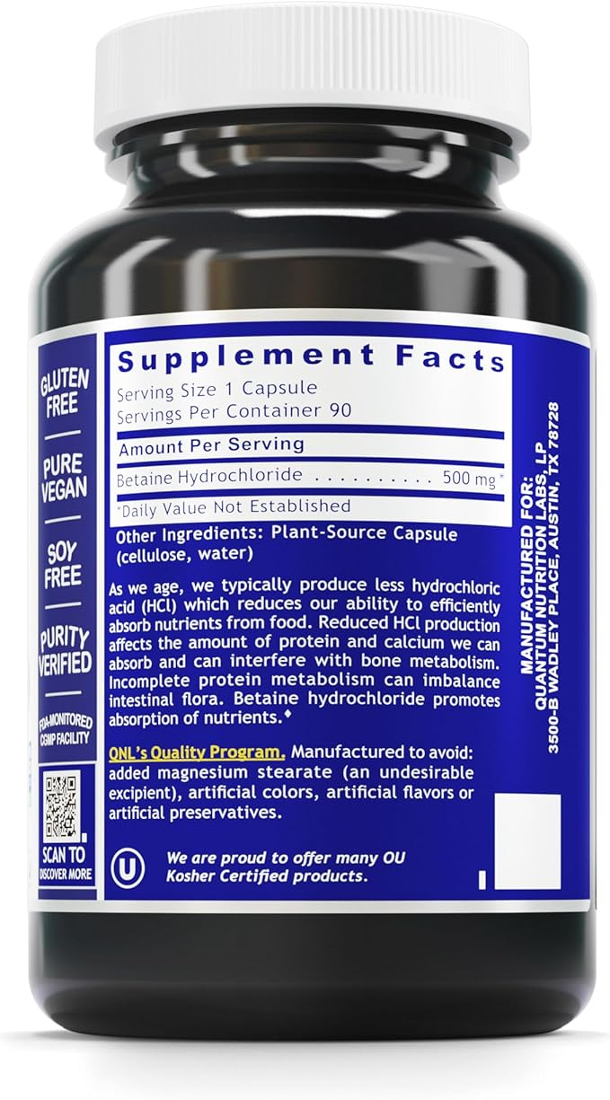 Quantum Nutrition Labs Quantum Betaine HCL - Betaine Hydrochloride, Betaine Hydrochloric Acid Supplement for Optimal Digestive Function and Low Stomach Acid, Betaine-HCL - 90 Plant-Based Capsules