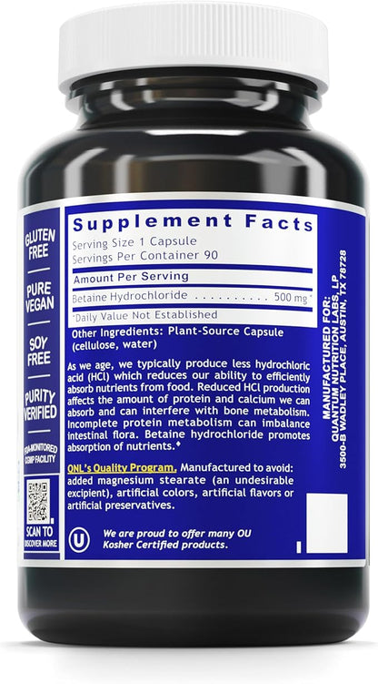 Quantum Nutrition Labs Quantum Betaine HCL - Betaine Hydrochloride, Betaine Hydrochloric Acid Supplement for Optimal Digestive Function and Low Stomach Acid, Betaine-HCL - 90 Plant-Based Capsules
