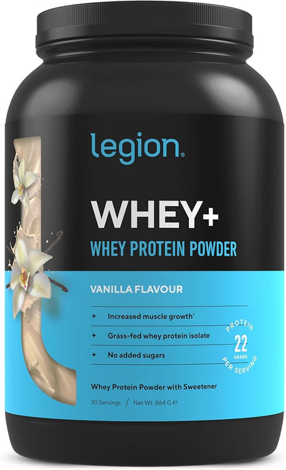 LEGION Whey+ Whey Isolate Protein Powder from Grass Fed Cows - Low Carb, Low Calorie, Non-GMO, Lactose Free, Gluten Free, Sugar Free, All Natural Whey Protein Isolate, 30 Servings (Vanilla)