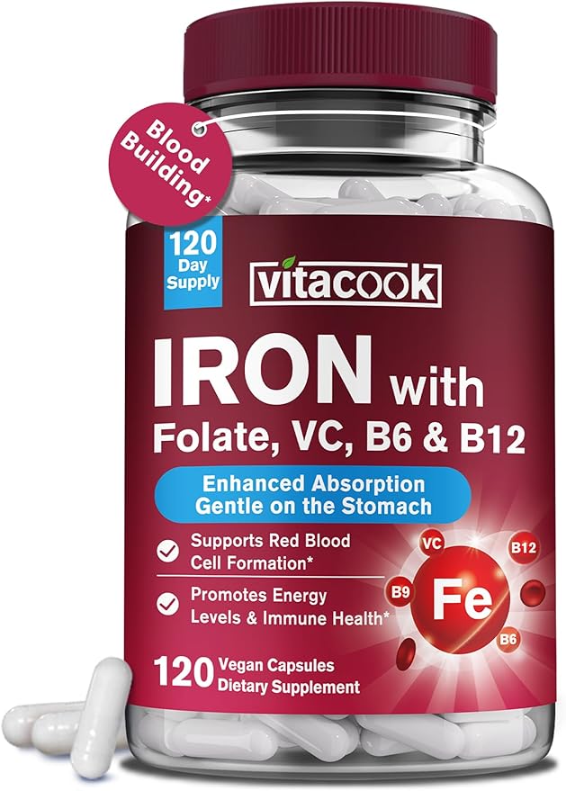 Iron Supplement for Women & Men, Iron Bisglycinate with Vitamin C, B6, B12, Folate, Stomach Friendly, Non-Constipating, Blood Health & Energy Boost, 120 Vegan Caps