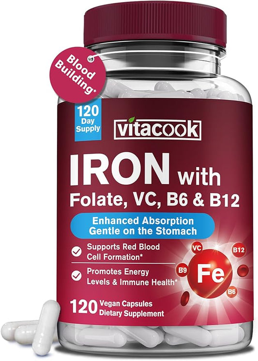 Iron Supplement for Women & Men, Iron Bisglycinate with Vitamin C, B6, B12, Folate, Stomach Friendly, Non-Constipating, Blood Health & Energy Boost, 120 Vegan Caps