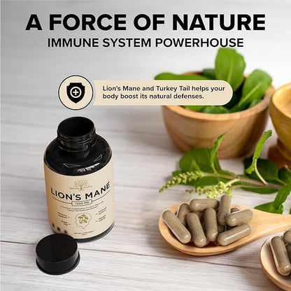 Lions Mane Supplement Capsules with Turkey Tail – Nootropic Brain Fog, Focus, Memory, Nerve Function, & Immune Support Supplement – Non-GMO 1200 Mg Lions Mane Mushroom Supplement, 120 Caps.