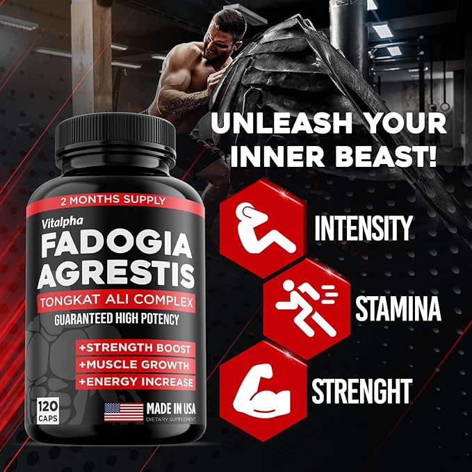 600mg Fadogia Agrestis Extract, 400mg Tongkat Ali Supplement & Bioperine - Maximum Strength Blend for Athletic Performance & Muscle Mass - Fadogia Agrestis & Tongkat Ali for Men - 120 V-Caps