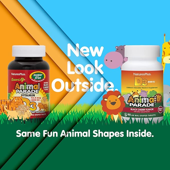 Natures Plus Animal Parade Sugar-Free Children's Vitamin D3-500 IU - Black Cherry Flavor - 90 Chewable Animal Shaped Tablets - Bone Health & Immune System Support - 90 Servings