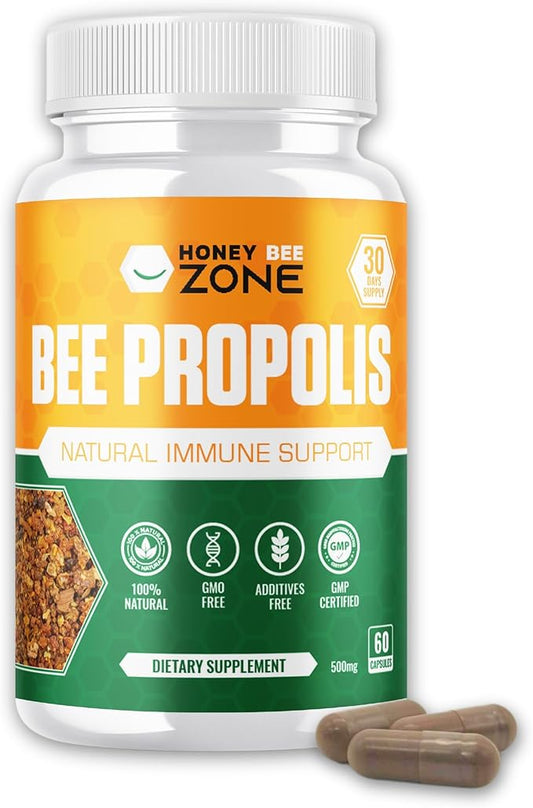 Bee Propolis Extract Capsules, Immune Support Supplement, Natural Immune Booster, Non-GMO Gluten-Free additive Free 500 mg 60 Vegan Capsules with Carob Powder for Men and Women