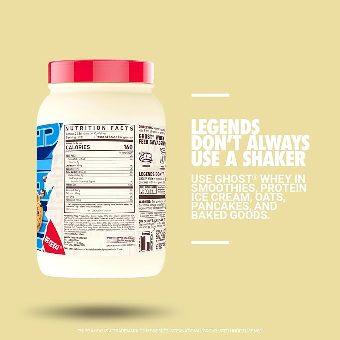 GHOST Whey Protein Powder, Chips Ahoy - 2LB Tub, 25G of Protein - Chocolate Chip Cookie Flavored Isolate, Concentrate & Hydrolyzed Whey Protein Blend