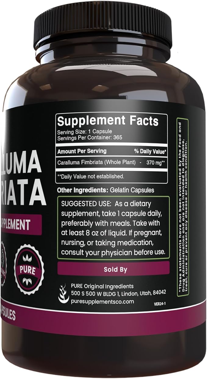 PURE ORIGINAL INGREDIENTS Caralluma Fimbriata (365 Capsules) No Magnesium Or Rice Fillers, Always Pure, Lab Verified