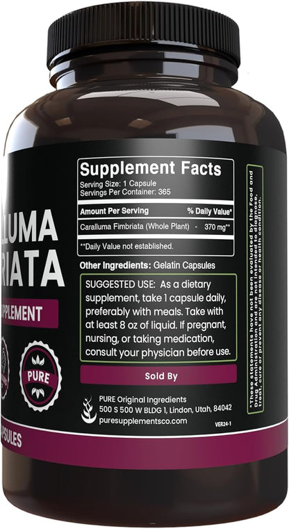 PURE ORIGINAL INGREDIENTS Caralluma Fimbriata (365 Capsules) No Magnesium Or Rice Fillers, Always Pure, Lab Verified