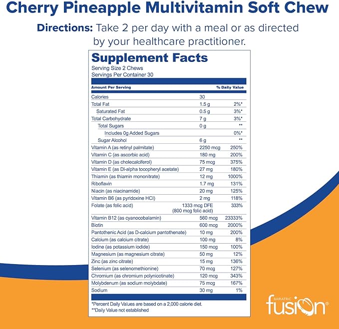 Bariatric Fusion Bariatric Multivitamin Chewable Soft Chew | Cherry Pineapple Flavor | Chewy Bariatric Vitamins for Post Bariatric Surgery Patients | 60 Count | 1 Month Supply