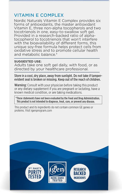 Nordic Naturals Vitamin E Complex, Unflavored - 30 Soft Gels - 6 Forms of Vitamin E for Antioxidant Support - Cellular Protection - Non-GMO - 30 Servings