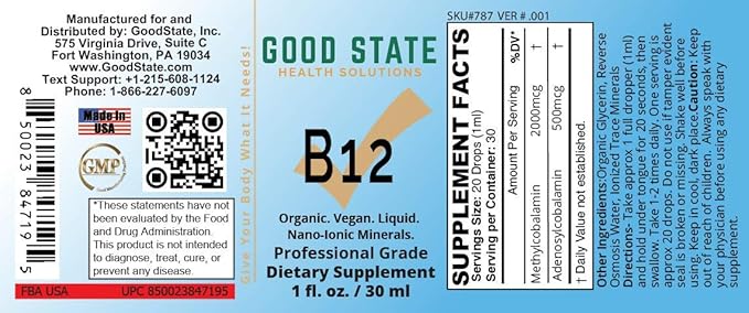 Good State Ionic B12, Men and Women’s Liquid Nano Ionic Dietary Supplement, 1 Ounce Bottle