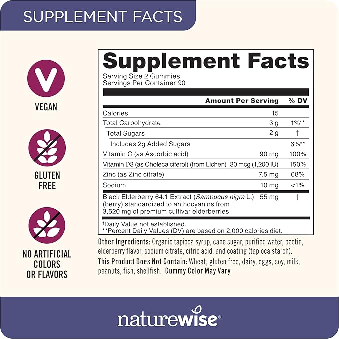 NatureWise Sambucus Elderberry Gummies - Immune Support Supplement for Kids Ages 4+ & Adults with Vitamin C, D3, Zinc - Elderberries Equivalent to 3520mg - Vegan, Non-GMO - 180 Count[90-Day Supply]