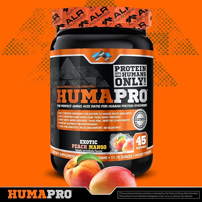 Humapro | Amino Acids Protein Matrix for Humans | 99% Utilization for Lean Muscle | Vegan, Gluten Free | 334g / 45 Servings (Exotic Peach Mango)
