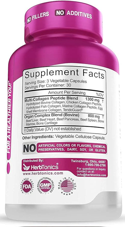 Multi Collagen Complex (Types 1 2 3 5 and 10) | Grass Fed Bone Broth Collagen Protein Peptides | Healthy Hair Skin Nails & Joint Support (with Organ Complex) | 90 Collagen Pills