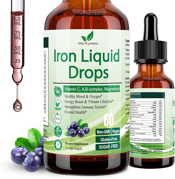 Liquid Iron Supplement for Women Men & Kids, Vegan Iron Drops with Vitamin C D, B12, B-Complex, High Potency Liquid Iron with Multivitamin for Anemia, Energy Support, Blood, Magnesium Iron Gentle