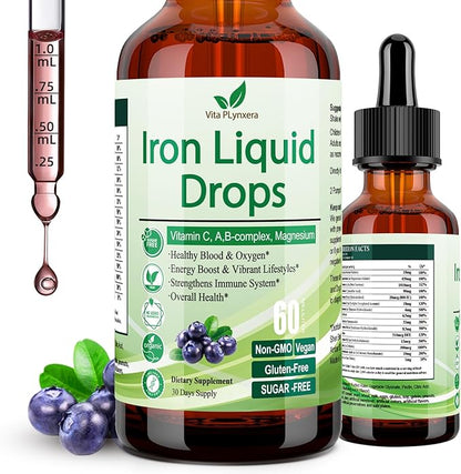Liquid Iron Supplement for Women Men & Kids, Vegan Iron Drops with Vitamin C D, B12, B-Complex, High Potency Liquid Iron with Multivitamin for Anemia, Energy Support, Blood, Magnesium Iron Gentle