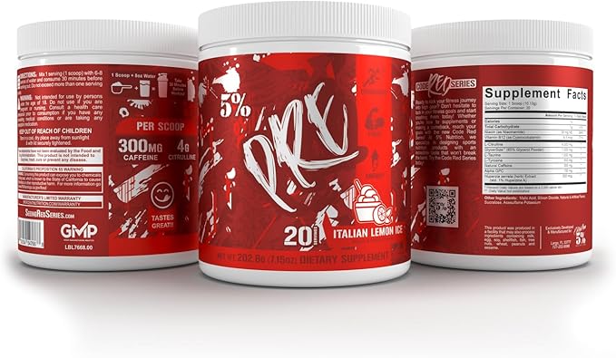 5% Nutrition Code Red Series Pre Workout Powder for Men & Women | Energy, Power, Protein Synthesis & Focus | 300mg Caffeine, L-Citrulline, Glycerol, Taurine, Alpha GPC, Huperzine (Italian Lemon Ice)