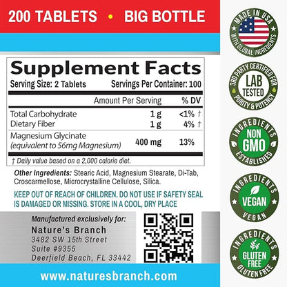Magnesium Glycinate 400 mg - 200 Tablets - High Absorption, Non Buffered Bisglycinate Mag Supplement for Sleep, Leg Cramps, Heart, Ease Muscles, Calm Headaches for Women and Men, Non Powder Capsules