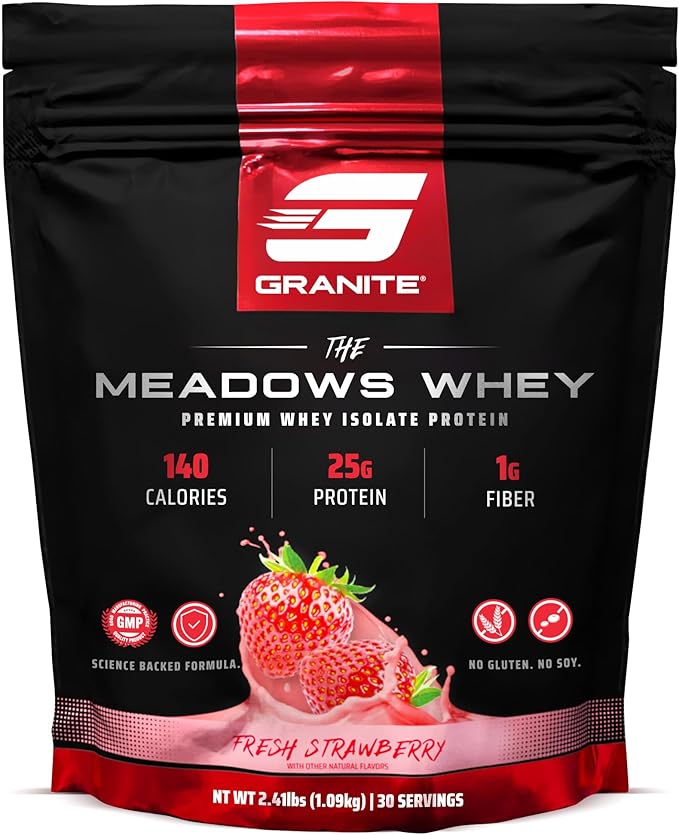 Granite Supplements The Meadows Whey Protein Isolate - (30 Servings) Whey Protein Powder - 140 Calories, 1g Fiber, 1g Sugar Protein Whey for Lean Muscle - Fresh Strawberry Flavored Protein Powder