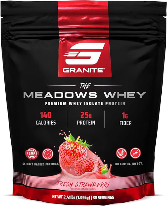 Granite Supplements The Meadows Whey Protein Isolate - (30 Servings) Whey Protein Powder - 140 Calories, 1g Fiber, 1g Sugar Protein Whey for Lean Muscle - Fresh Strawberry Flavored Protein Powder