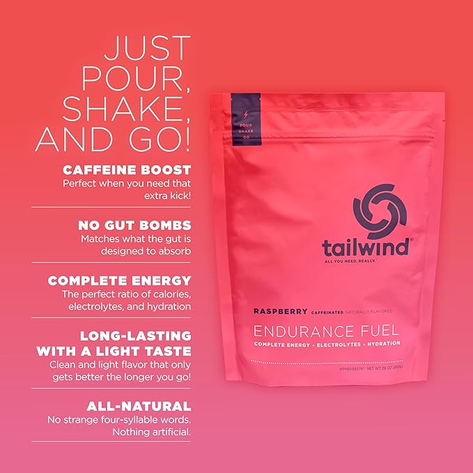 Tailwind Nutrition Endurance Fuel, Electrolyte & Hydration Sports Drink Mix Powder with Caffeine, Gluten-Free, Vegan, Raspberry Buzz, 30 Servings (Caffeinated)